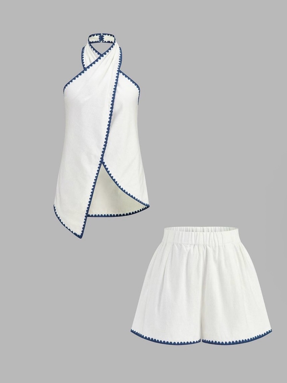 Commense White Halter Short Set with Blue Trim - Picture 2 of 8